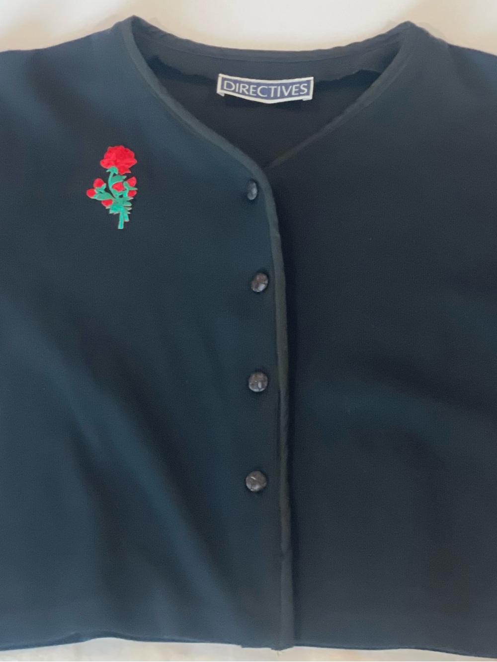 Vintage 90s Directives Black Rose Embroidered Button Front Top